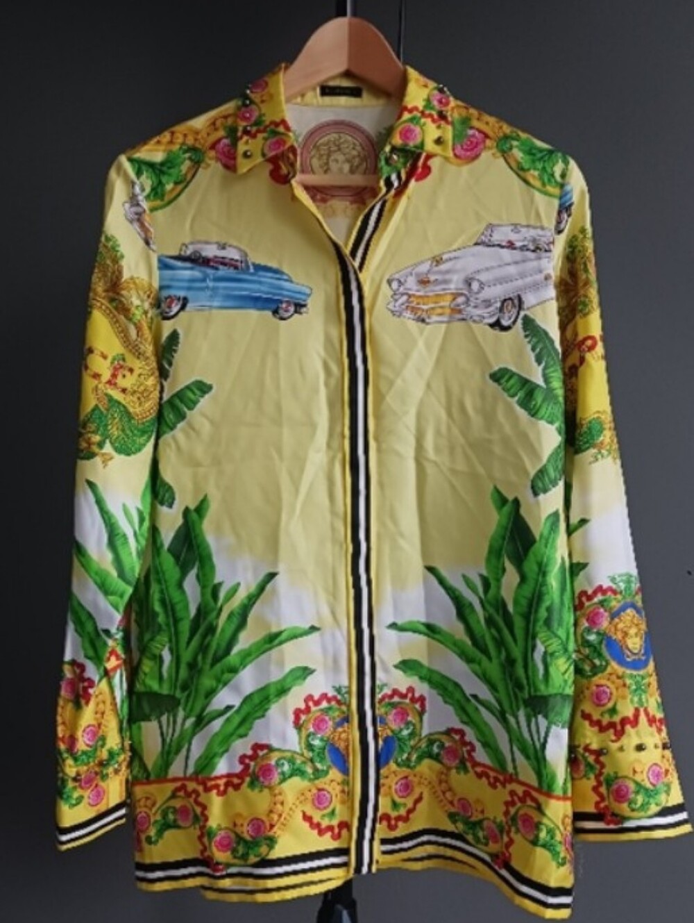 Versace Yellow Palm Tree Baroque Logo Printed Button Down Shirt Size IT 40, EU 6
